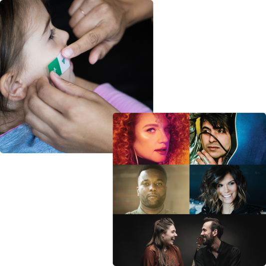Image 1 - jeune fille qui se fait maquillé le visage d'un drapeau franco-ontarien, image 2 - musiciens franco-ontarien participant au spectacle Kaléidoscope musical présenté par le MIFO